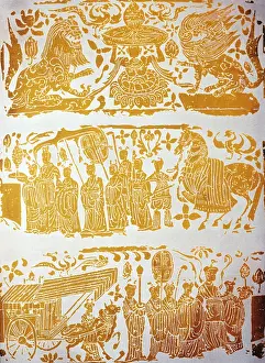 Maitreya: Three scenes from a base of a buddha