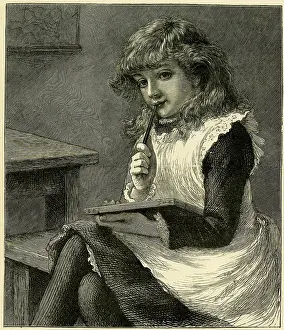 Monthly: Schoolgirl wondering what to write on her slate