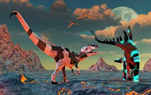 Prowling: Sci-fi scene of Allosaurus and Stegosaurus dinobots about ?