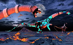 Magma: Sci-fi scene of a group of robotic sauropod dinosaurs