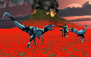 Prowling: Sci-fi scene of a pair of Allosaurus dinobots tracking down