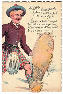 Puns: Scotsman with comic verse on a Christmas and New Year card
