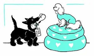 Willing: Scottie dog offering a bone to a peke