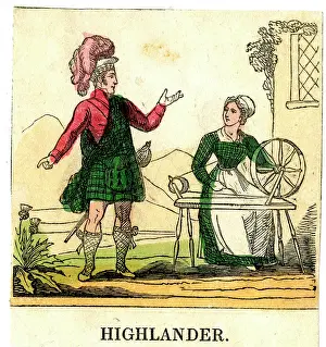 Tartan: Scottish Highlander and woman spinning