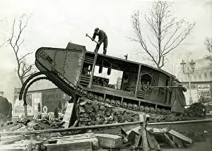 Disarmament: Scrapping of a German tank in England, 1919