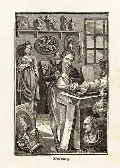 Statuary: Sculptor in apron carving a statue in a workshop