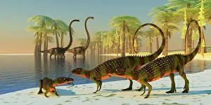 Seashore: Scutellosaurus dinosaurs lounge around the edge