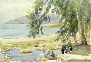 Watercolours: The Sea of Galilee looking towards Tiberias