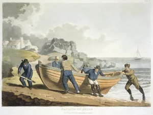1821: Seamen hauling a clinker-built dingy up on shore
