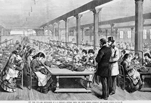 Seamstresses: Seamstresses at long tables in the sewing-room ?