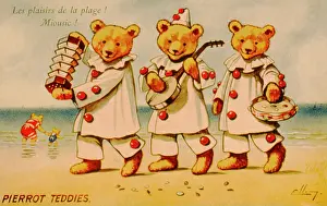 Pierrot: Seaside postcard with three Pierrot teddy bears