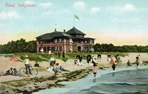 Paddling: Seaside scene with pavilion, Ystad, Sweden