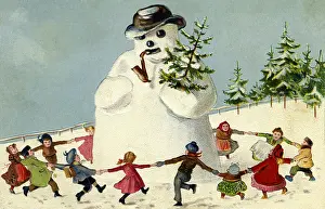 Romping: seasons, winter, children dancing around a big