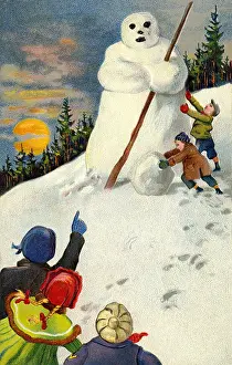 Romping: seasons, winter, children dancing around a big