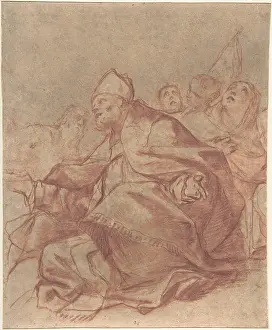Recto: Seated Bishop with Arms Extended and Three Attendant