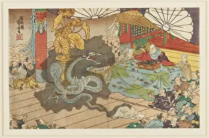 Demonic: Seated priest with scroll casting out a dragon-demon