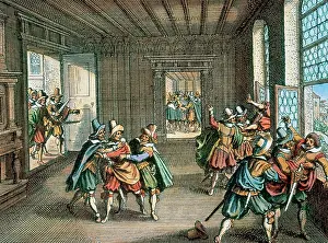 Threw: Second Defenestration of Prague, 1618. Engraving coloration
