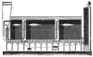 Figuier: Sectional view of lead chamber process for large-scale