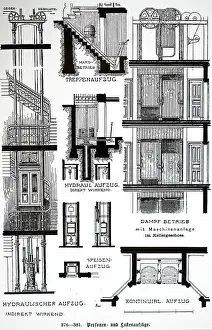 Elevators: Sectional view of various passenger and good elevators;