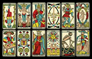 Selection of tarot cards from traditional Marseille pack
