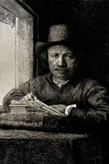 Rembrandt: Self-portrait etching at a window, 1648, by Rembrandt