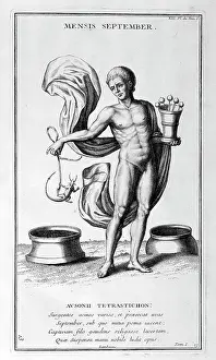 Representing: September, depicted as a man sacrificing a lizard