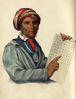 Cherokee: Sequoyah with Cherokee Syllabary, 19th C