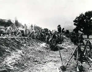 Defences: Serbian troops constructing defences, WW1
