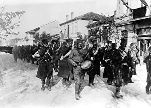Forefront: Serbian troops marching, 1914