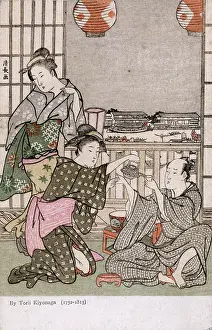 Kiyonaga: Serving tea on the banks of the Sumida River by Kiyonaga