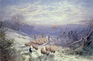 Snowscene: The Setting Sun ' with sheep and shepherd