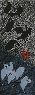 Linocut: Settling to Roost - Cormorants and Egrets
