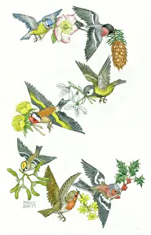 Medici Society (molly Brett): Seven different birds carrying flowers