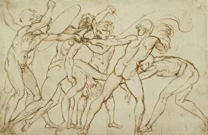 Outlines: Seven nude warriors fighting for a standard