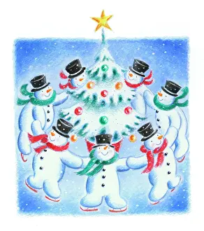 Snowmen: Seven snowmen skating round a Christmas tree