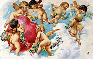 Garlands: Seven winged cherubs with a large red heart
