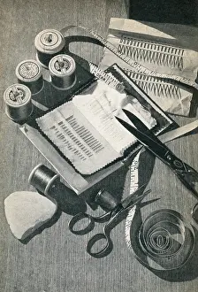 Bobbin: Sewing items, including needles, pins, scissors and thread