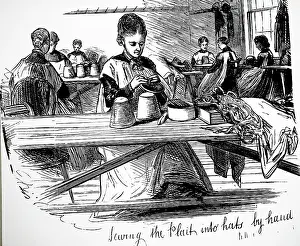 Monitoring: Sewing length of plaited straw into hats in the