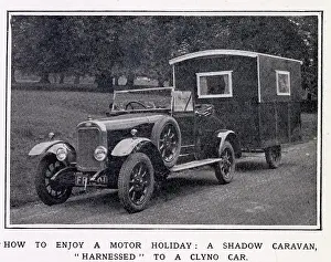 Harnessed: A Shadow Caravan (open), harnessed to a Clyno Car