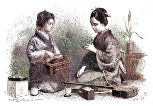 Samisen: A shamisen player, lighting her pipe