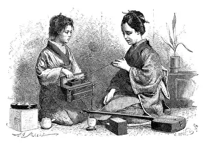 Smokes: A shamisen player, lighting her pipe