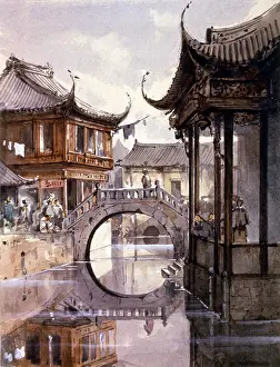 Zuber: Shanghai circa 1865. View of canal lined with