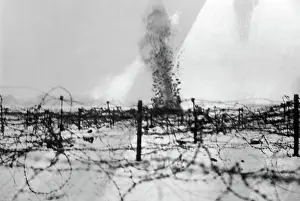 Bursting: Shell bursting on front line trench, Western Front, WW1