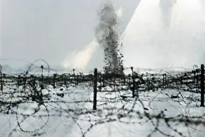 Bursting: Shell bursting on front line trench, Western Front, WW1