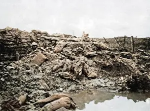 Sandbags: Shell hole caused by German bombing, WW1