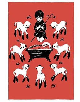 Two Colour: Shepherd boy beside crib with lambs around
