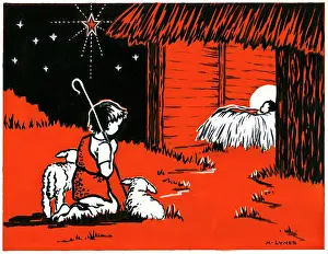 Two Colour: Shepherd boy with lambs kneeling outside stable