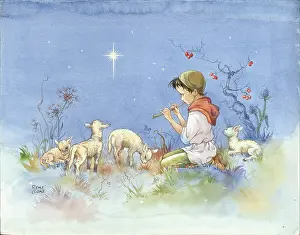 Cloke: Shepherd boy playing flute with lambs and star in the sky