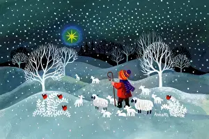 Retro Christmas: Shepherd Boy with Robins and Sheep