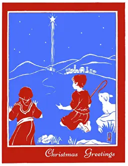 Two Colour: Shepherd Boys gazing at Star over Holy Stable